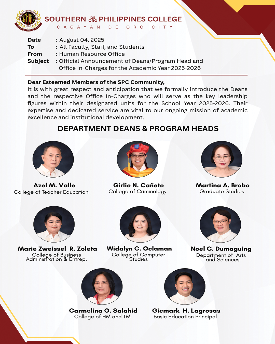 Official Announcement of Deans/Program Head and                    Office In-Charges for the Academic Year 2025-2026