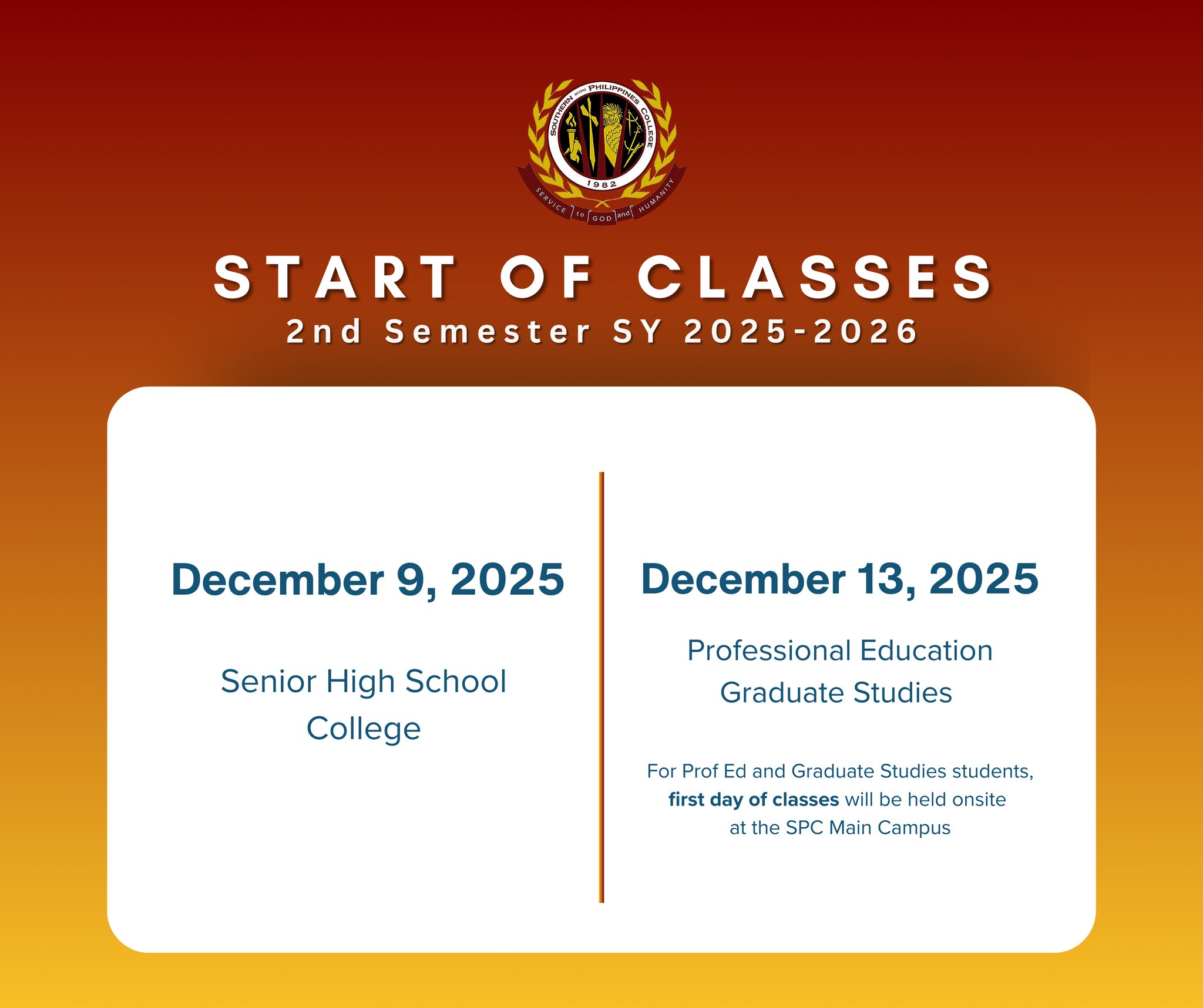 Start of Classes 2nd Semester SY 2025-2026