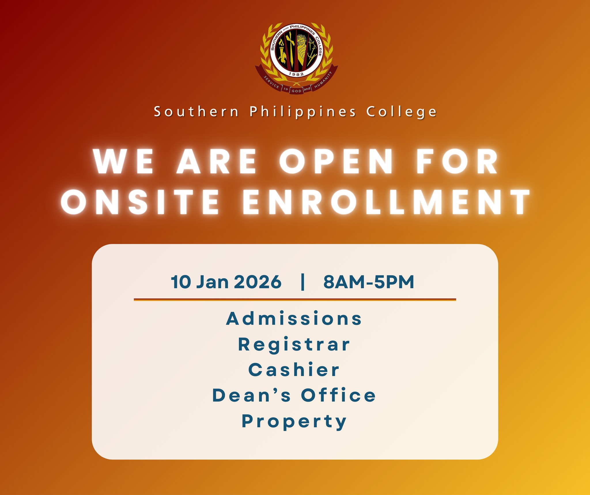 We are open for on-site enrollment – January 10, 2026