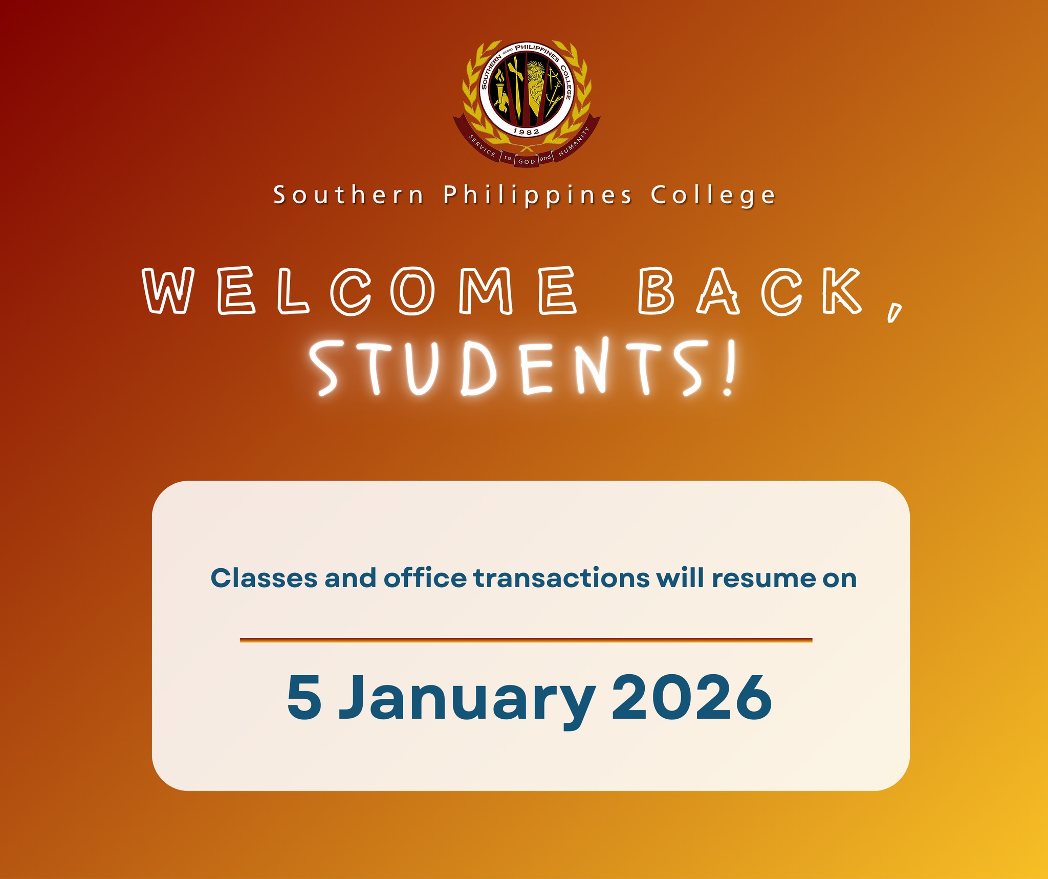 Resumption of Classes and Office Transactions